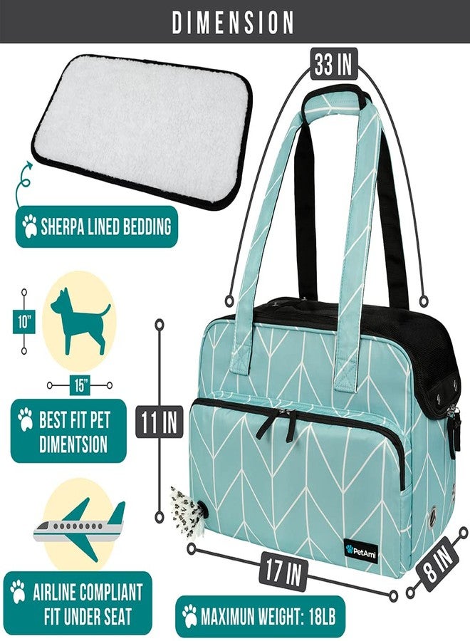 حقيبة حمل صغيرة للكلاب من بيت آمي، حقيبة ناعمة الجوانب لحمل الحيوانات الأليفة مع جيوب، حقيبة يد محمولة للسفر للجراء والقطط، شبكة مسامية معتمدة من شركات الطيران، موزع أكياس فضلات الحيوانات الأليفة، أقصى وزن 8 كيلوغرامات، لون أزرق مخضر بنقشة متعرجة - Image 2